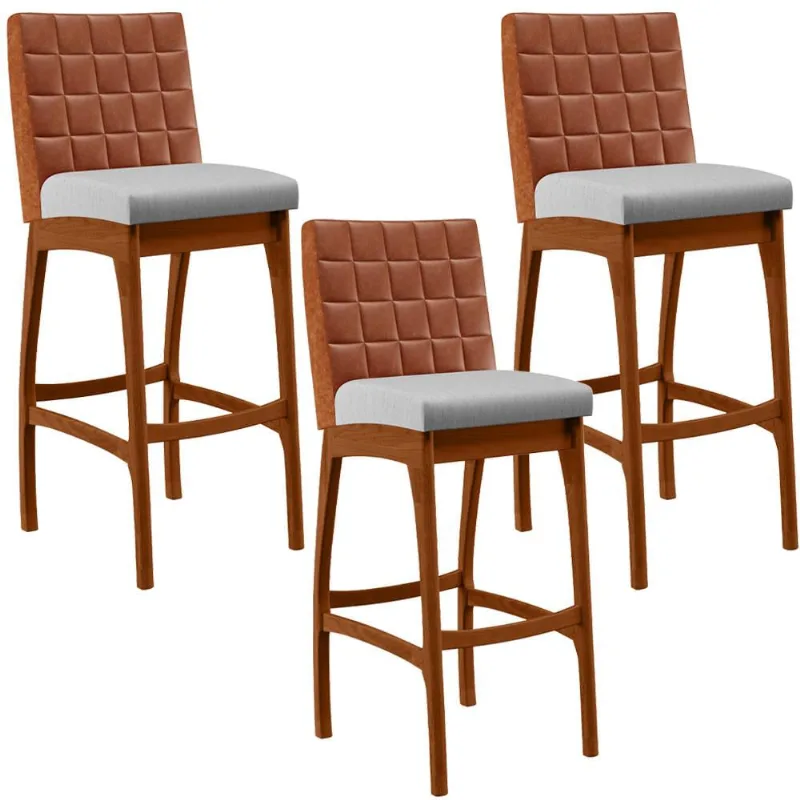 Kit 03 Banquetas Altas Cozinha Sala Jantar Fixa Mila B04 Couríssimo Camel Linho Cinza - Lyam Decor