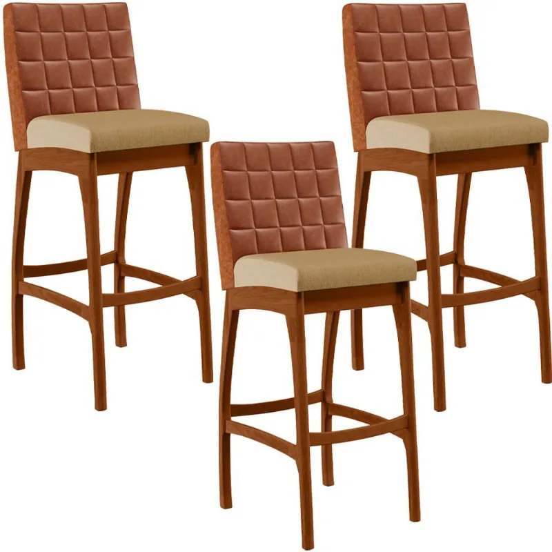 Kit 03 Banquetas Altas Sala De Jantar Fixa Mila B04 Couríssimo Camel Linho Bege Escuro - Lyam Decor