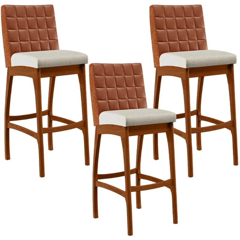 Kit 03 Banquetas Altas Sala De Jantar Fixa Mila B04 Couríssimo Camel Linho Champagne - Lyam Decor