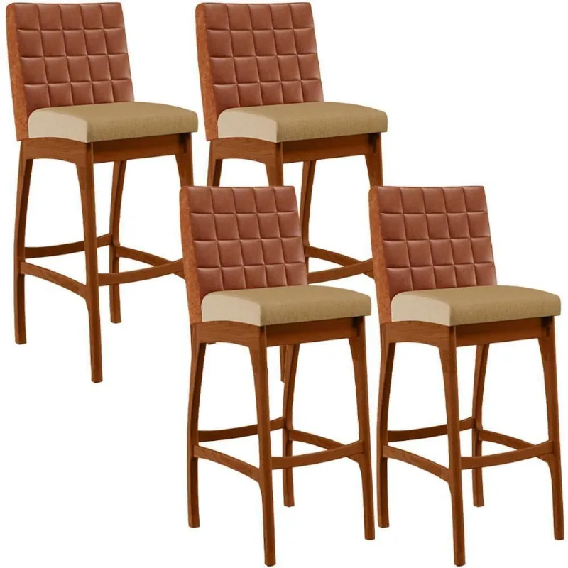 Kit 04 Banquetas Altas Mila Camel Linho Bege Escuro - Lyam Decor