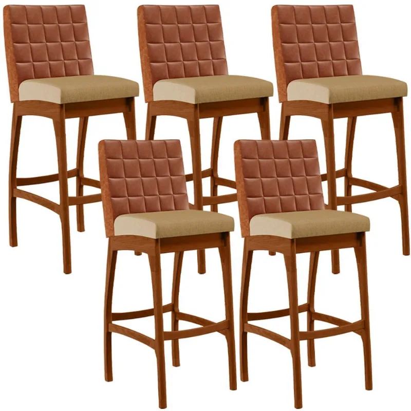 Kit 05 Banquetas Altas Sala De Jantar Fixa Mila B04 Couríssimo Camel Linho Bege Escuro - Lyam Decor - Lyam Decor