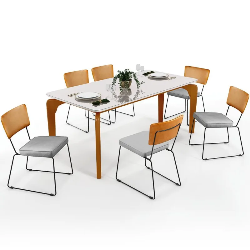 Mesa Capri 160cm Off White Com 6 Cadeiras Allana B05 Couríssimo Whisky Linho Cinza - Lyam Decor - Lyam Decor