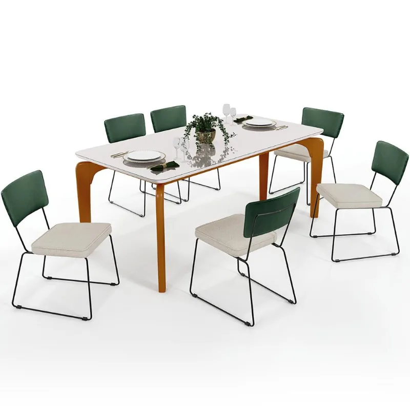 Mesa Capri 160cm Off White E 6 Cadeiras Allana B05 Facto Verde Musgo Linho Champagne - Lyam Decor - Lyam Decor