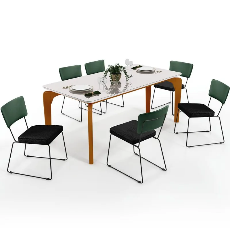 Mesa Capri 160cm Off White E 6 Cadeiras Allana B05 Facto Verde Musgo Linho Chumbo - Lyam Decor - Lyam Decor