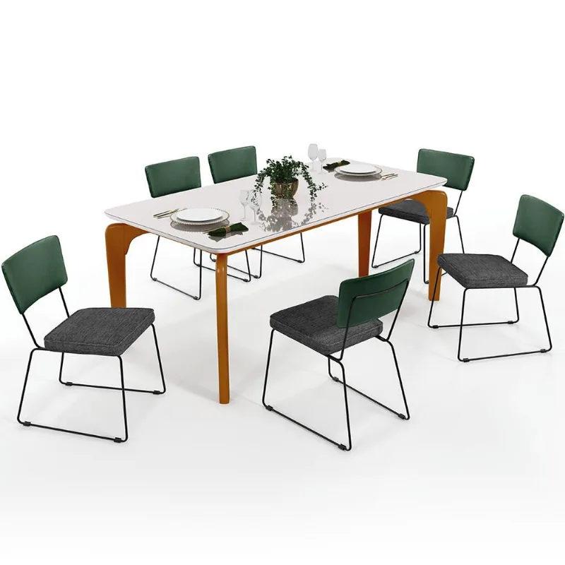 Mesa Capri 160cm Off White E 6 Cadeiras Allana B05 Facto Verde Musgo Linho Cinza Escuro - Lyam Decor - Lyam Decor