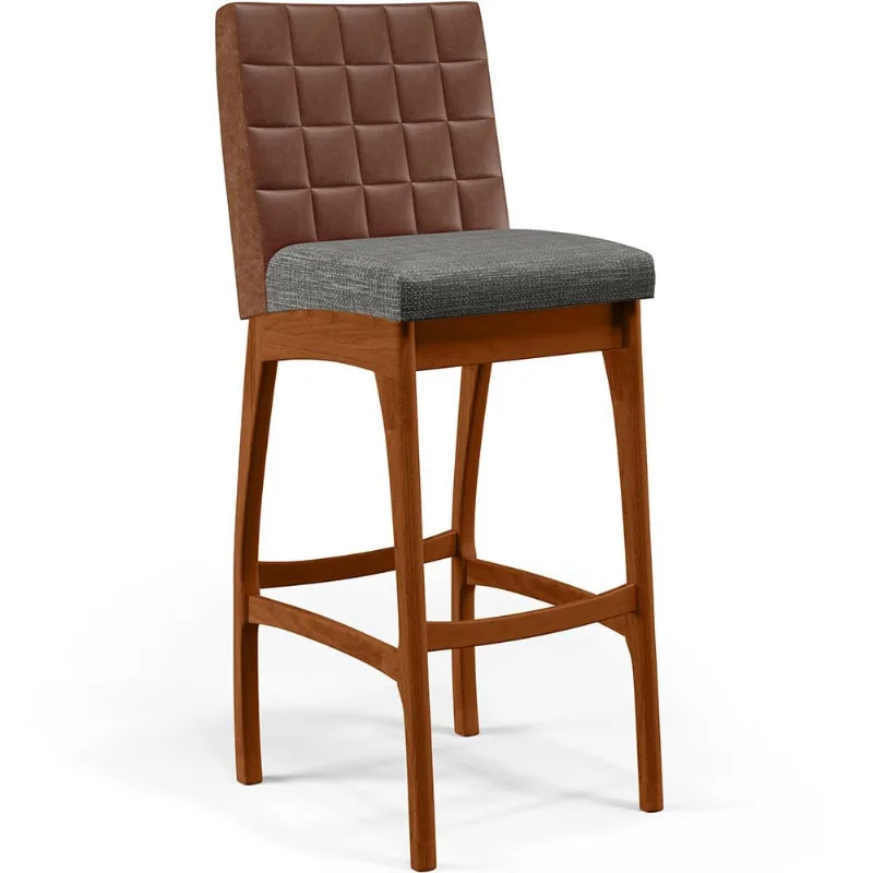Banqueta Alta Cozinha Sala De Jantar Fixa Mila B04 Couríssimo Marrom Linho Cinza Escuro - Lyam Decor - Lyam Decor