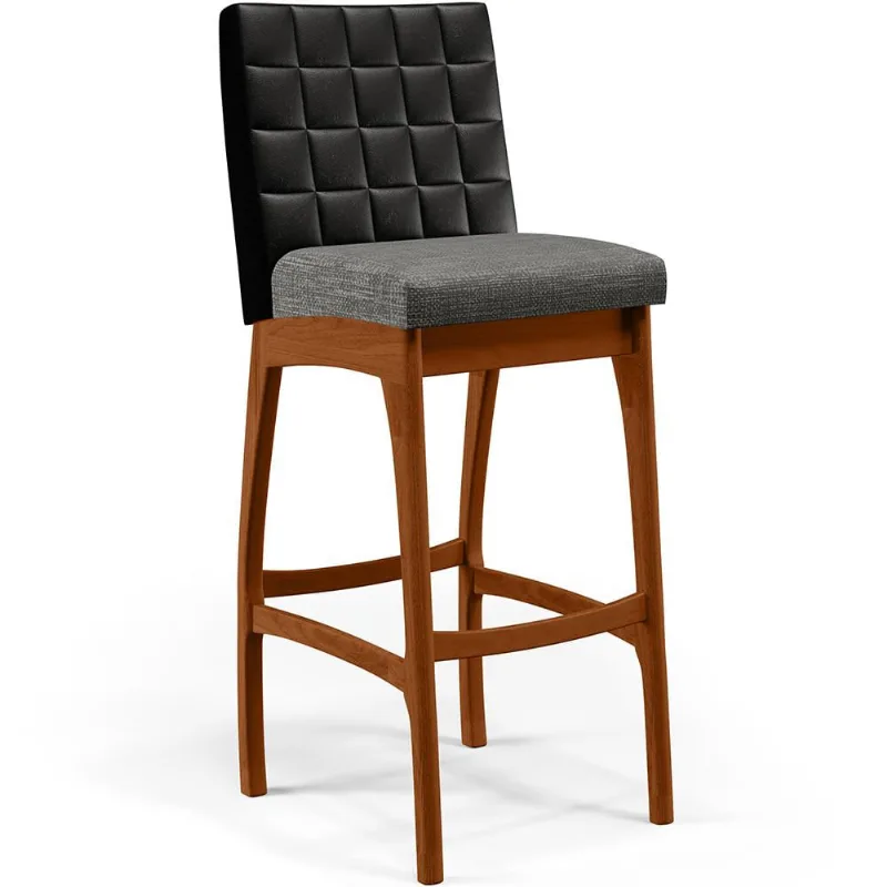 Banqueta Alta Cozinha Sala De Jantar Fixa Mila B04 Couríssimo Preto Linho Cinza Escuro - Lyam Decor - Lyam Decor