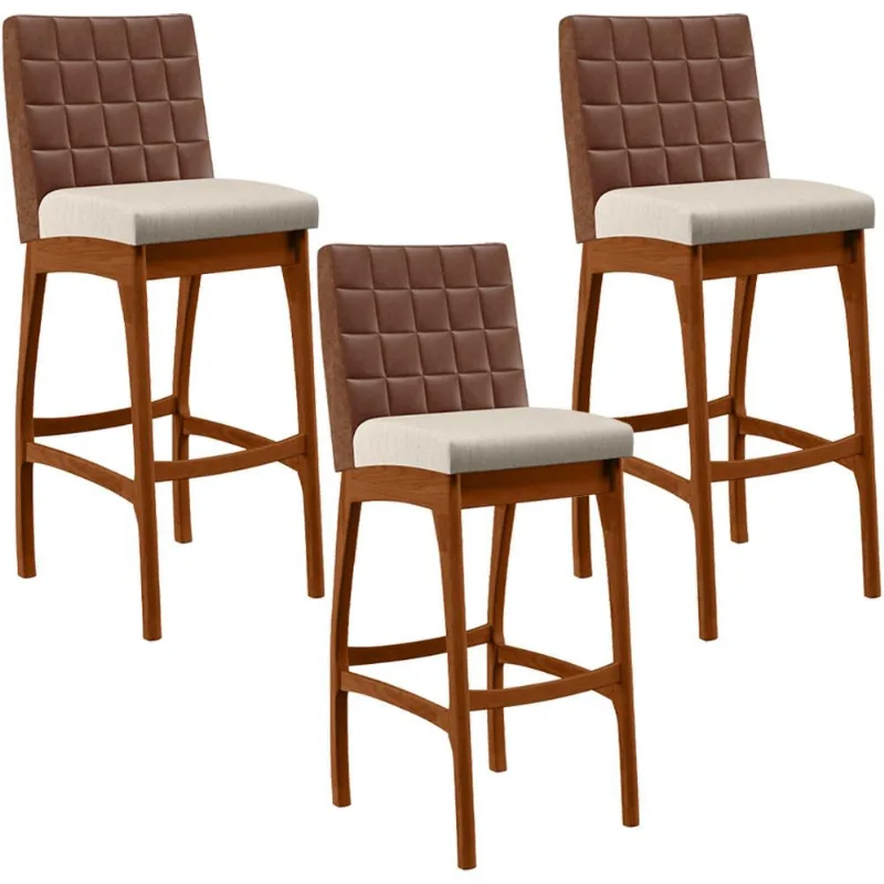 Kit 03 Banquetas Altas Cozinha Sala De Jantar Fixa Mila B04 Couríssimo Marrom Linho Cru - Lyam Decor