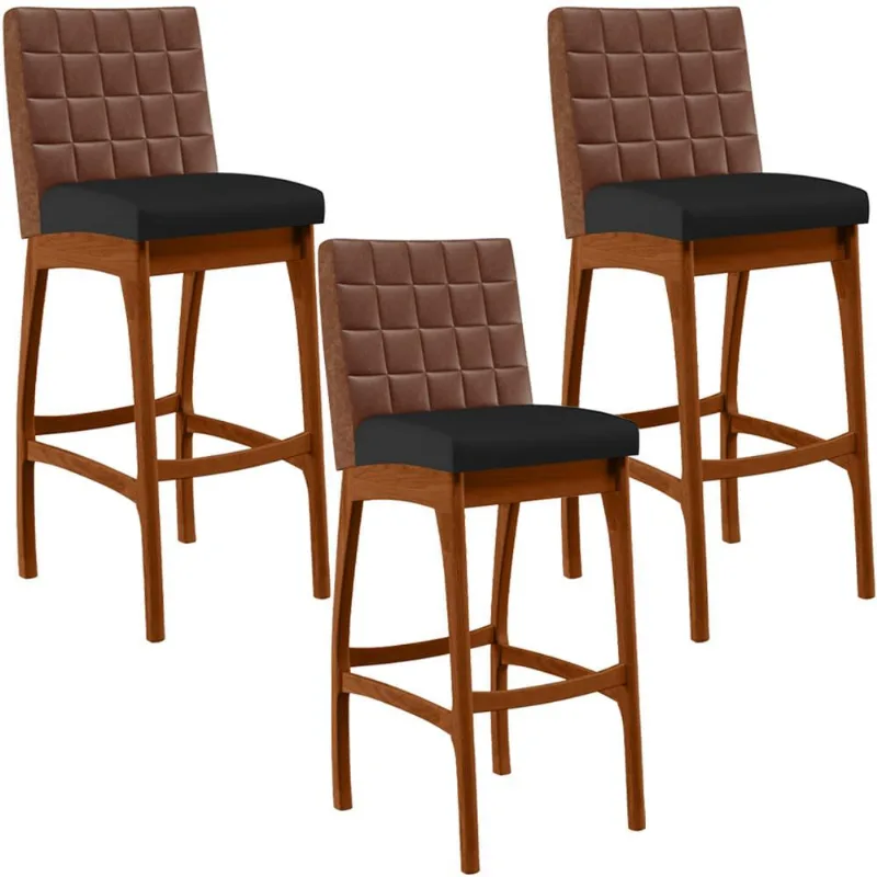 Kit 03 Banquetas Altas Cozinha Sala Jantar Fixa Mila B04 Couríssimo Marrom Corano Preto - Lyam Decor