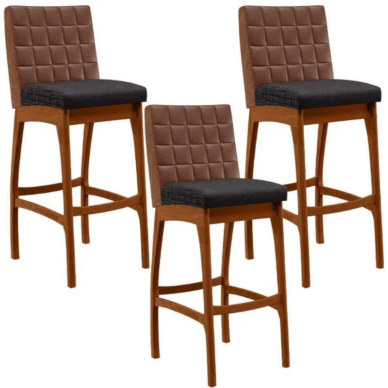 Kit 03 Banquetas Altas Mila Marrom Linho Chumbo - Lyam Decor