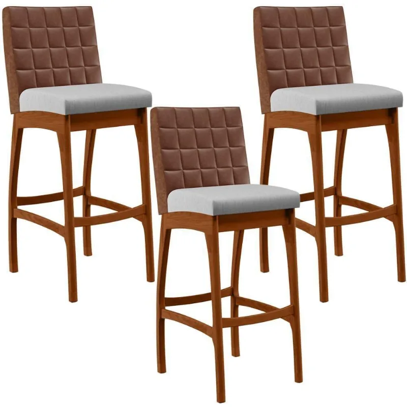 Kit 03 Banquetas Altas Mila Marrom Linho Cinza - Lyam Decor