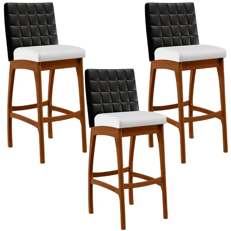 Kit 03 Banquetas Altas Cozinha Sala Jantar Fixa Mila B04 Couríssimo Preto Corano Branco - Lyam Decor