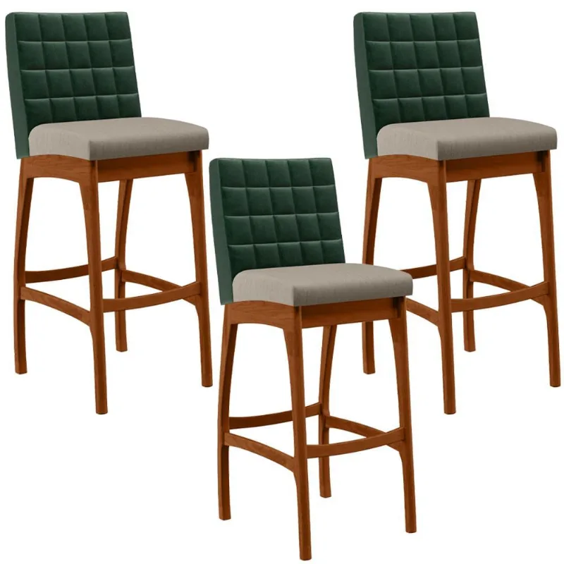 Kit 03 Banquetas Altas Cozinha Sala Jantar Fixa Mila B04 Facto Verde Musgo Linho Bege - Lyam Decor
