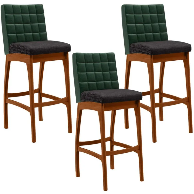 Kit 03 Banquetas Altas Cozinha Sala Jantar Fixa Mila B04 Facto Verde Musgo Linho Chumbo - Lyam Decor