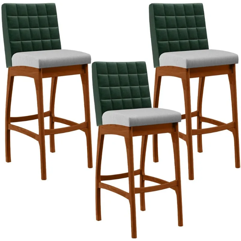 Kit 03 Banquetas Altas Cozinha Sala Jantar Fixa Mila B04 Facto Verde Musgo Linho Cinza - Lyam Decor