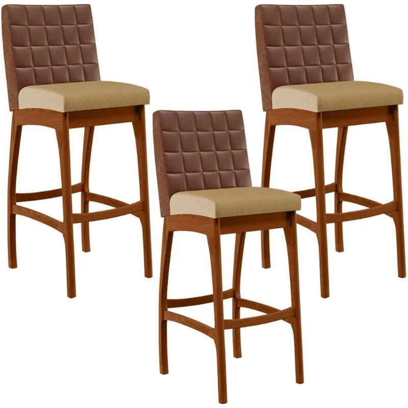 Kit 03 Banquetas Altas Mila Marrom Linho Bege Escuro - Lyam Decor