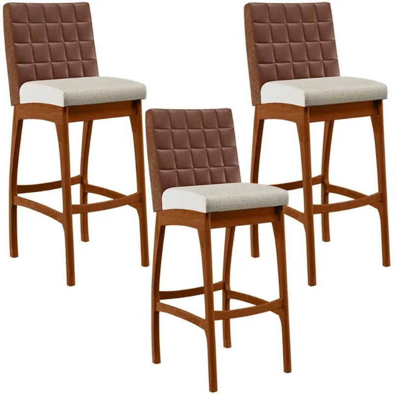 Kit 03 Banquetas Altas Mila Marrom Linho Champagne - Lyam Decor