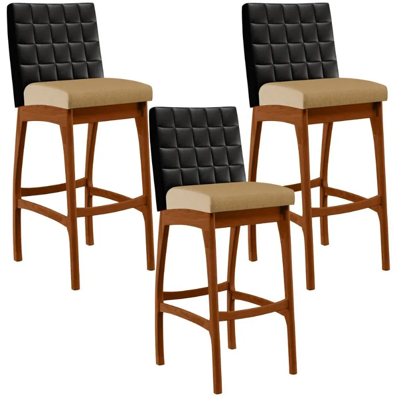 Kit 03 Banquetas Altas Sala De Jantar Fixa Mila B04 Couríssimo Preto Linho Bege Escuro - Lyam Decor
