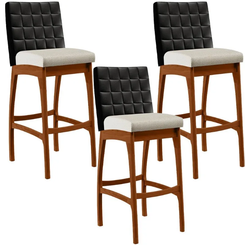 Kit 03 Banquetas Altas Sala De Jantar Fixa Mila B04 Couríssimo Preto Linho Champagne - Lyam Decor