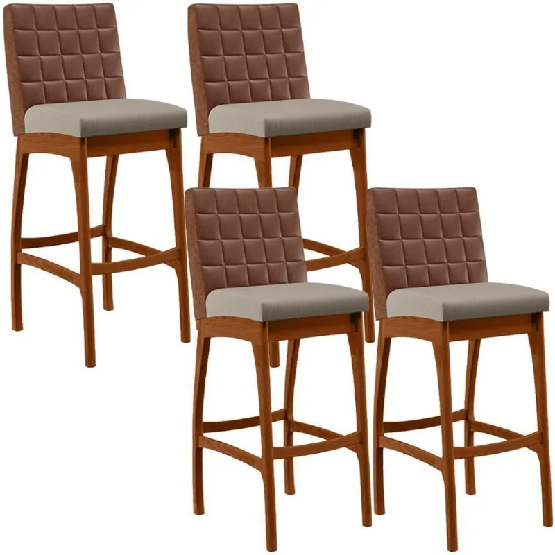 Kit 04 Banquetas Altas Mila Marrom Linho Bege - Lyam Decor