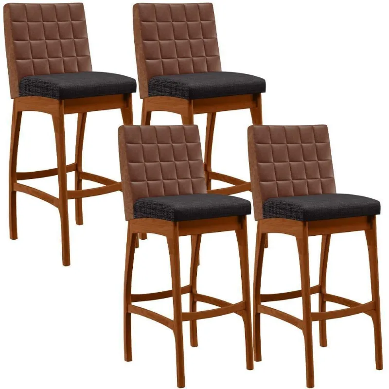Kit 04 Banquetas Altas Mila Marrom Linho Chumbo - Lyam Decor