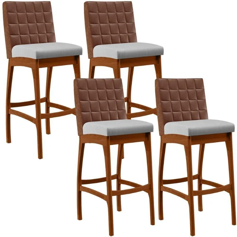 Kit 04 Banquetas Altas Mila Marrom Linho Cinza - Lyam Decor