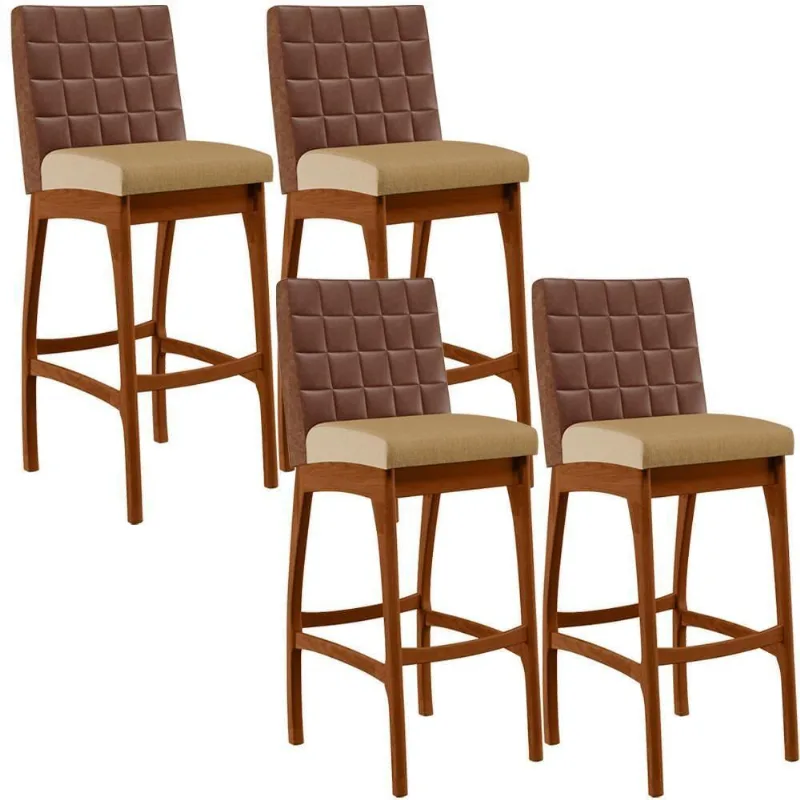 Kit 04 Banquetas Altas Mila Marrom Linho Bege Escuro - Lyam Decor