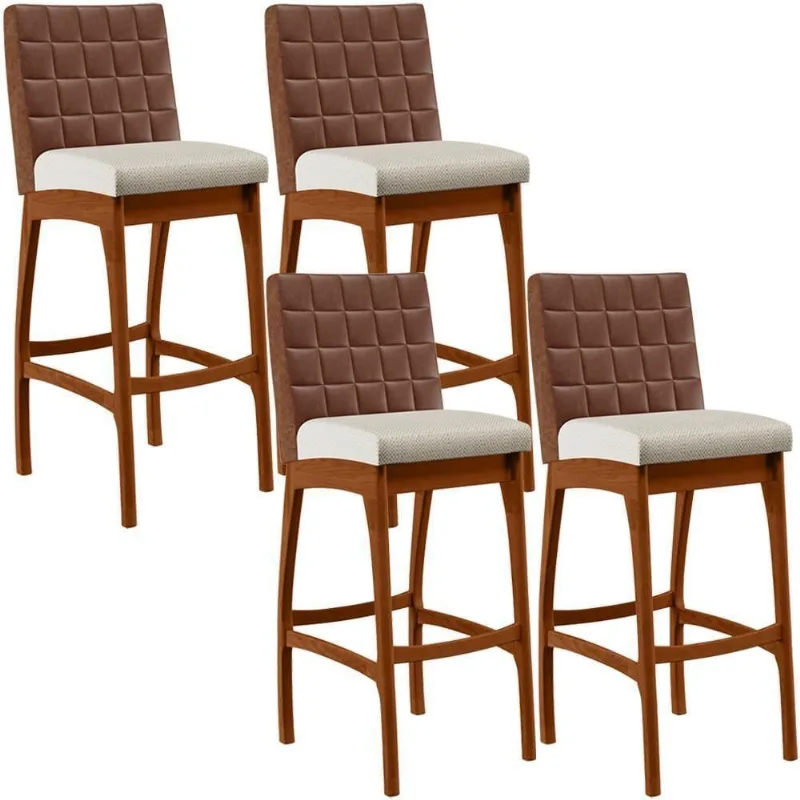 Kit 04 Banquetas Altas Mila Marrom Linho Champagne - Lyam Decor