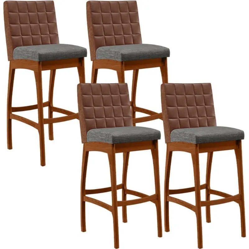 Kit 04 Banquetas Altas Mila Marrom Linho Cinza Escuro - Lyam Decor
