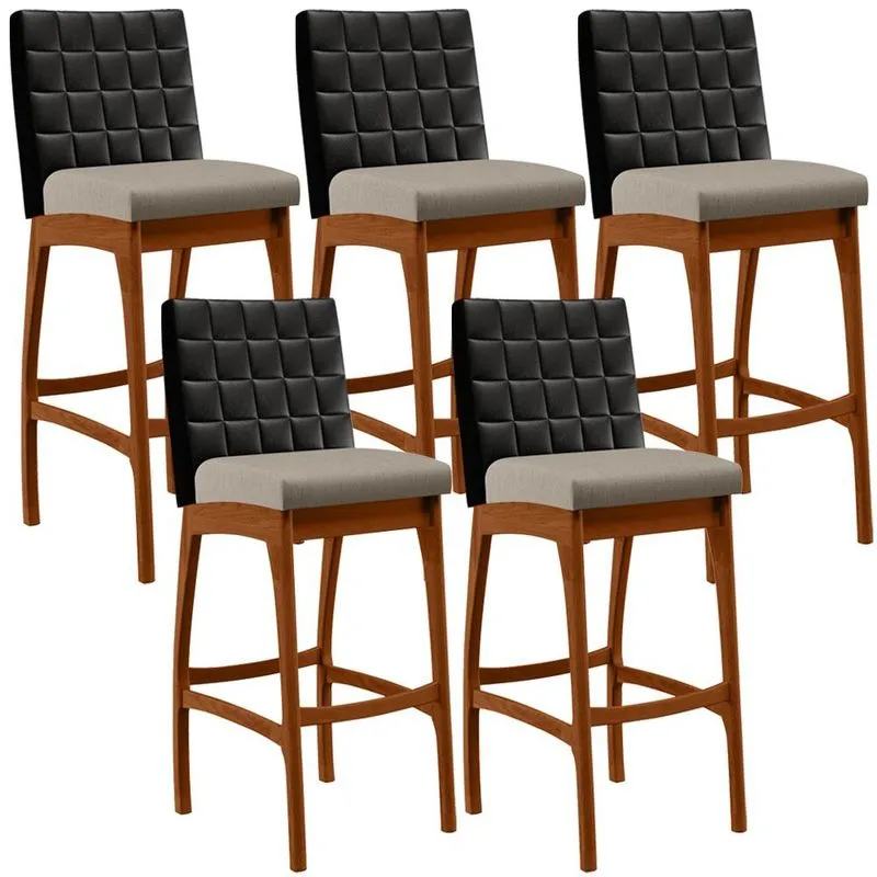 Kit 05 Banquetas Altas Cozinha Sala De Jantar Fixa Mila B04 Couríssimo Preto Linho Bege - Lyam Decor
