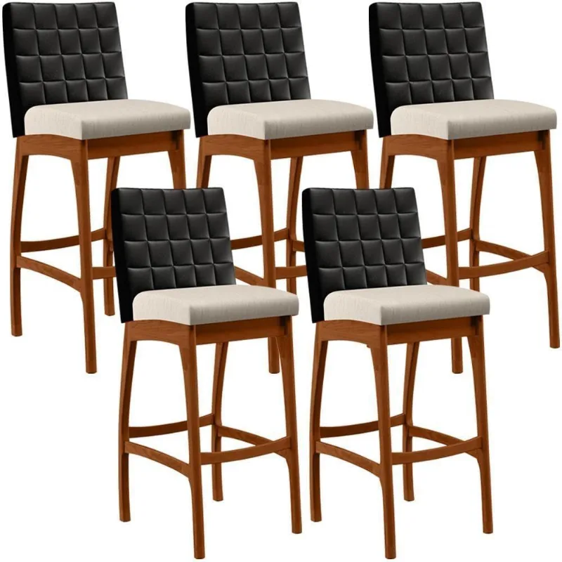 Kit 05 Banquetas Altas Mila Preto Linho Cru - Lyam Decor