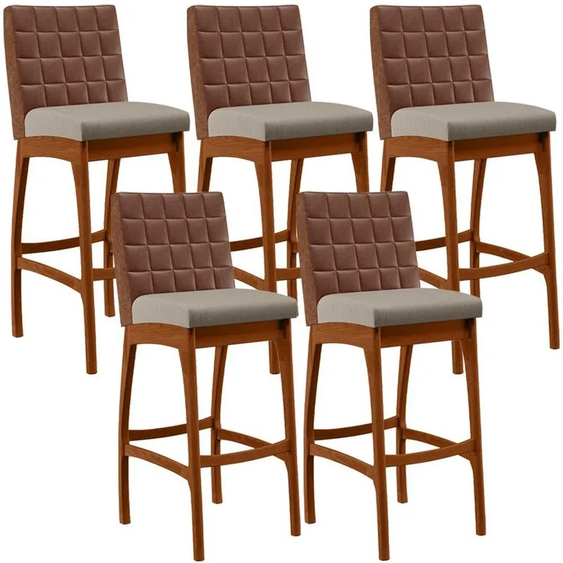 Kit 05 Banquetas Altas Cozinha Sala Jantar Fixa Mila B04 Couríssimo Marrom Linho Bege - Lyam Decor