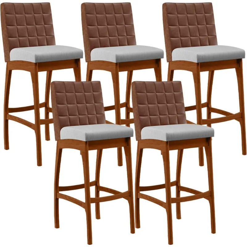 Kit 05 Banquetas Altas Cozinha Sala Jantar Fixa Mila B04 Couríssimo Marrom Linho Cinza - Lyam Decor - Lyam Decor