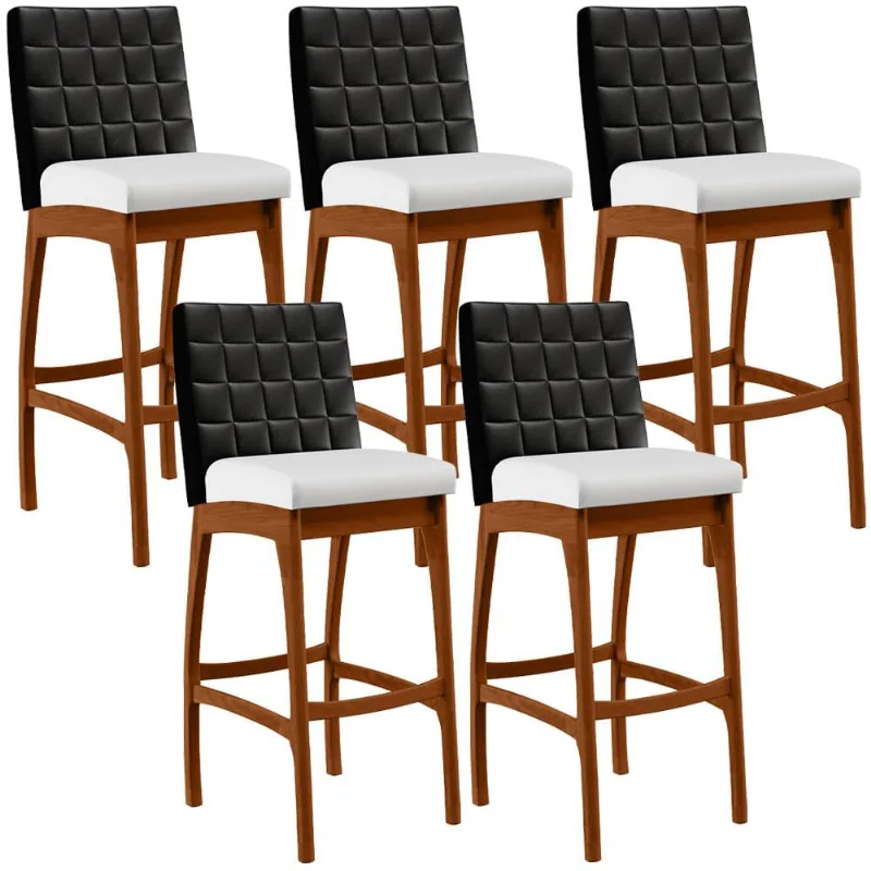 Kit 05 Banquetas Altas Cozinha Sala Jantar Fixa Mila B04 Couríssimo Preto Corano Branco - Lyam Decor - Lyam Decor