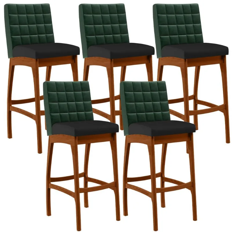 Kit 05 Banquetas Altas Cozinha Sala Jantar Fixa Mila B04 Facto Verde Musgo Corano Preto - Lyam Decor - Lyam Decor