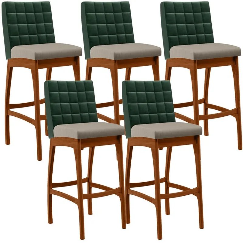 Kit 05 Banquetas Altas Cozinha Sala Jantar Fixa Mila B04 Facto Verde Musgo Linho Bege - Lyam Decor - Lyam Decor