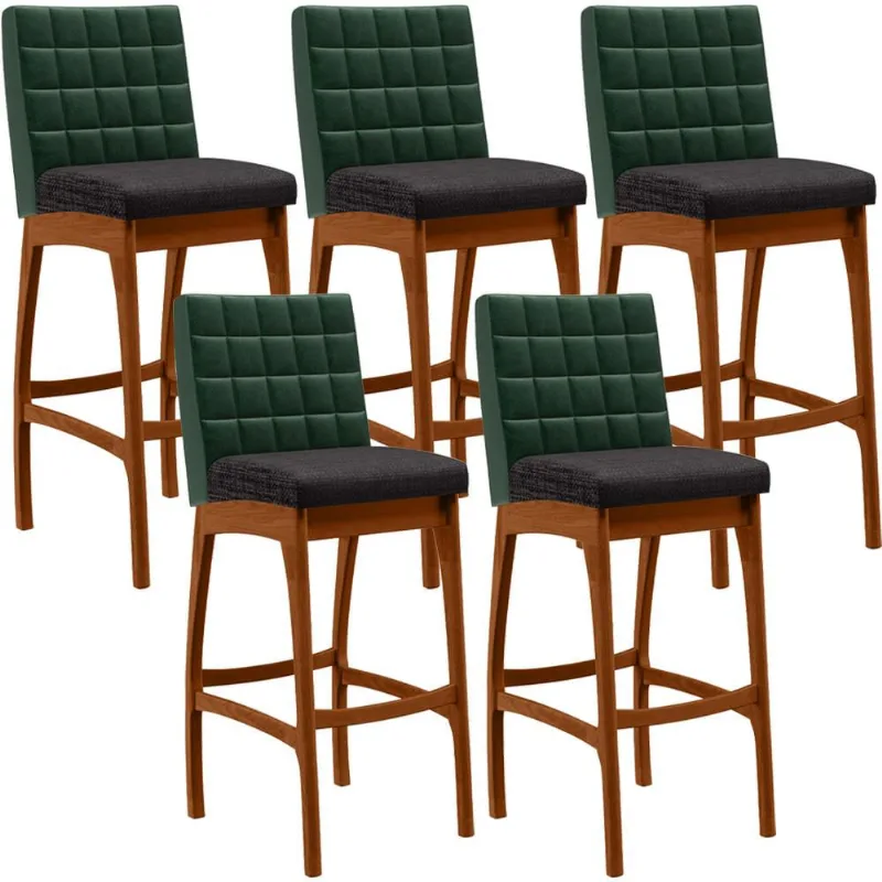 Kit 05 Banquetas Altas Cozinha Sala Jantar Fixa Mila B04 Facto Verde Musgo Linho Chumbo - Lyam Decor - Lyam Decor