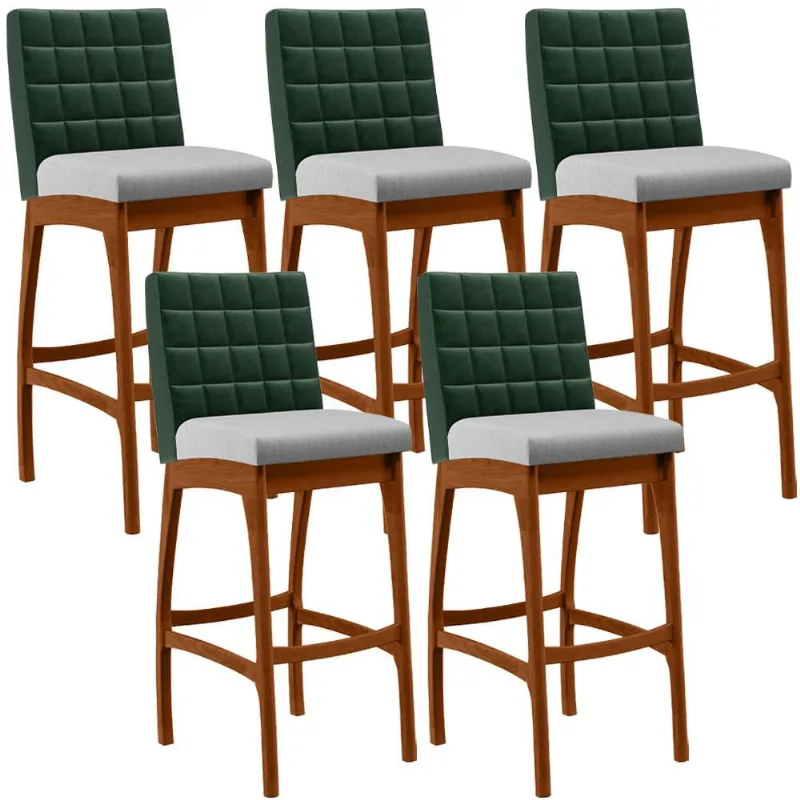 Kit 05 Banquetas Altas Cozinha Sala Jantar Fixa Mila B04 Facto Verde Musgo Linho Cinza - Lyam Decor - Lyam Decor