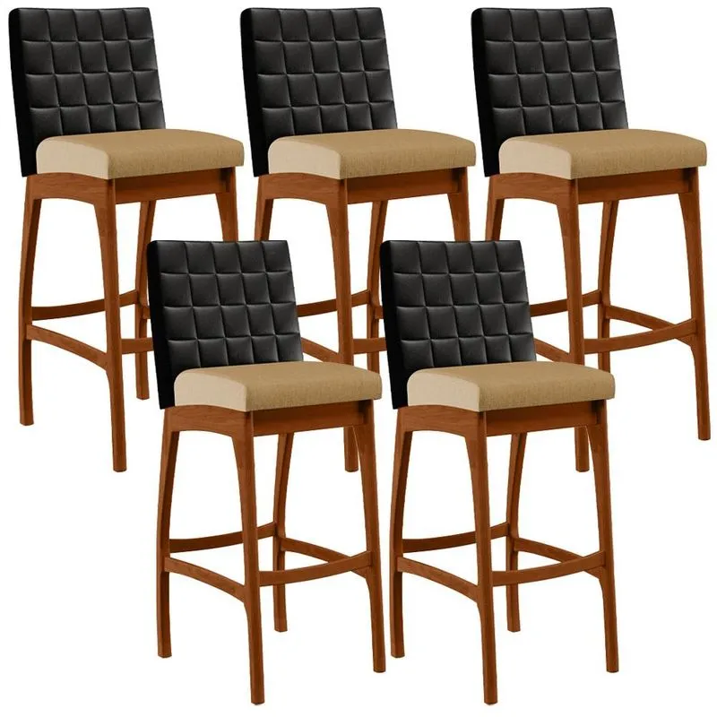 Kit 05 Banquetas Altas Sala De Jantar Fixa Mila B04 Couríssimo Preto Linho Bege Escuro - Lyam Decor