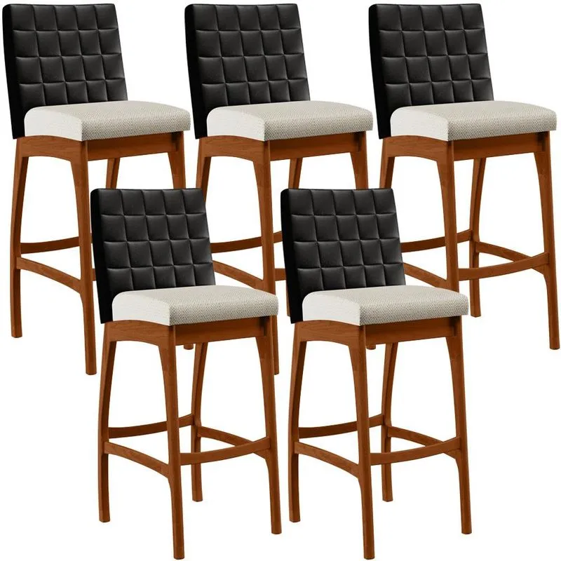Kit 05 Banquetas Altas Sala De Jantar Fixa Mila B04 Couríssimo Preto Linho Champagne - Lyam Decor