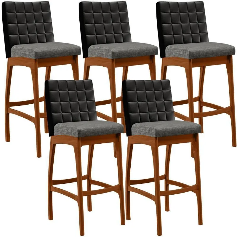 Kit 05 Banquetas Altas Mila Preto Linho Cinza Escuro - Lyam Decor