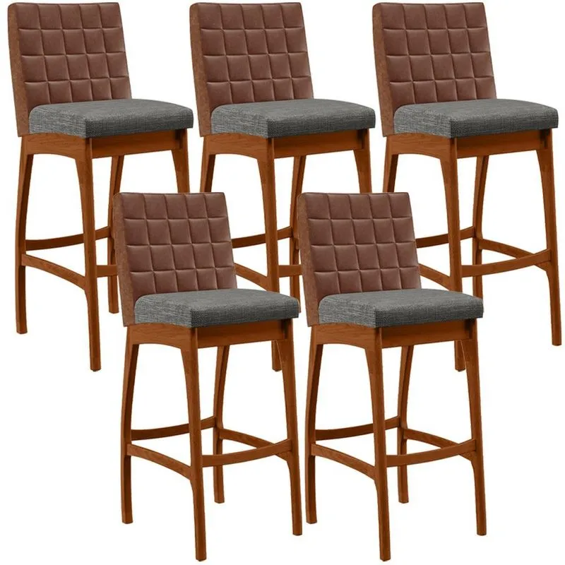 Kit 05 Banquetas Altas Sala Jantar Fixa Mila B04 Couríssimo Marrom Linho Cinza Escuro - Lyam Decor
