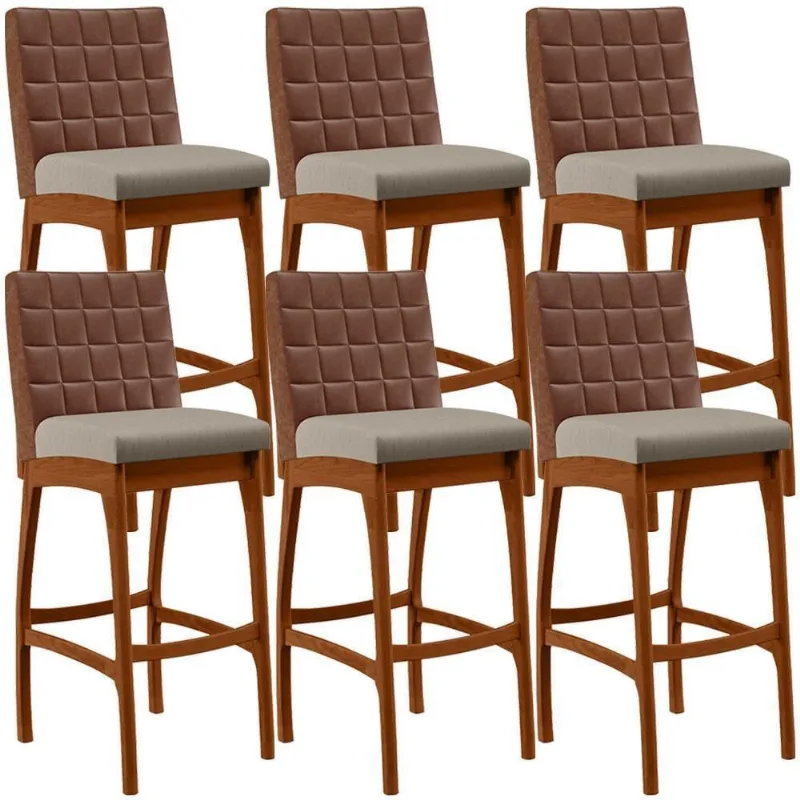 Kit 06 Banquetas Altas Mila Marrom Linho Bege - Lyam Decor