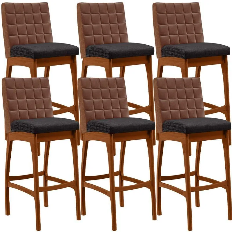 Kit 06 Banquetas Altas Mila Marrom Linho Chumbo - Lyam Decor