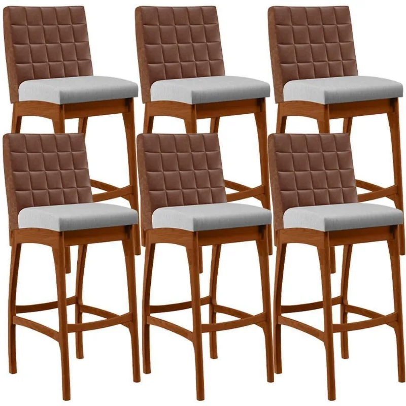 Kit 06 Banquetas Altas Mila Marrom Linho Cinza - Lyam Decor