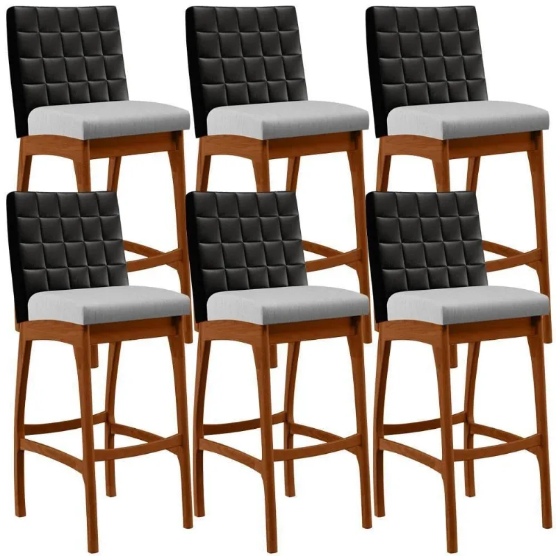 Kit 06 Banquetas Altas Mila Preto Linho Cinza - Lyam Decor