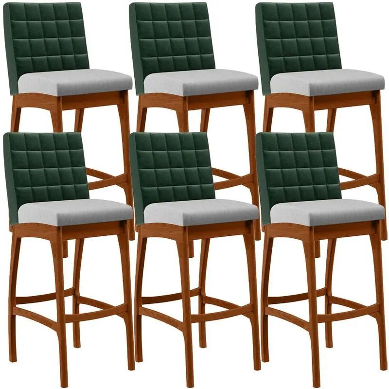 Kit 06 Banquetas Altas Cozinha Sala Jantar Fixa Mila B04 Facto Verde Musgo Linho Cinza - Lyam Decor