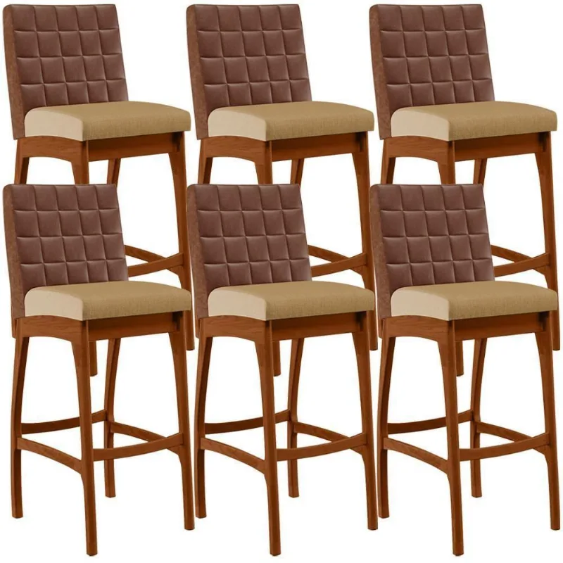 Kit 06 Banquetas Altas Mila Marrom Linho Bege Escuro - Lyam Decor