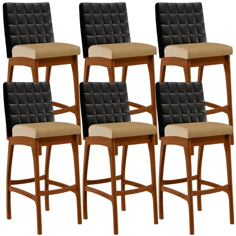 Kit 06 Banquetas Altas Mila Preto Linho Bege Escuro - Lyam Decor
