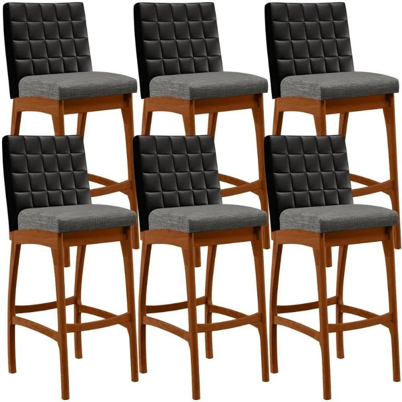 Kit 06 Banquetas Altas Mila Preto Linho Cinza Escuro - Lyam Decor